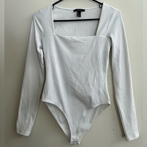 Forever 21 White Ribbed Square Neck Long Sleeve Bodysuit
